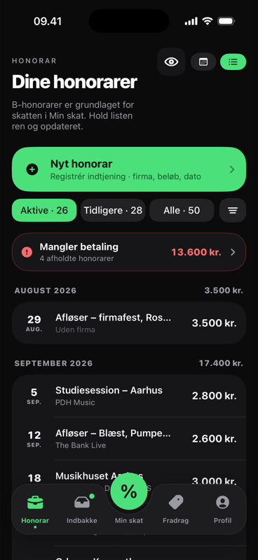 Honorarer i Riff på iPhone: hvert job med firma, beløb og dato.