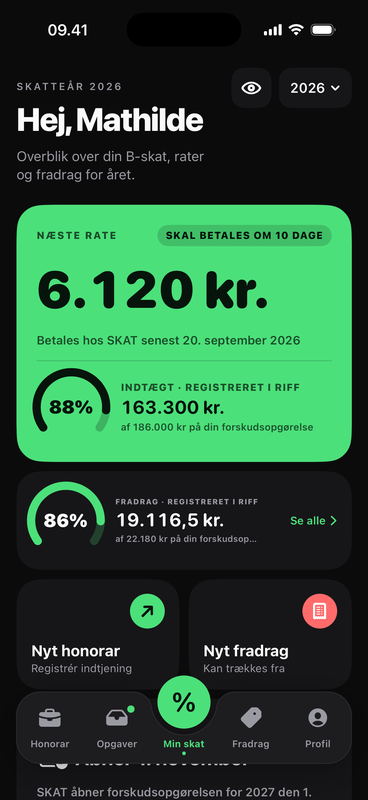 Min skat i Riff på iPhone: næste rate, årets indtægt og fradrag.