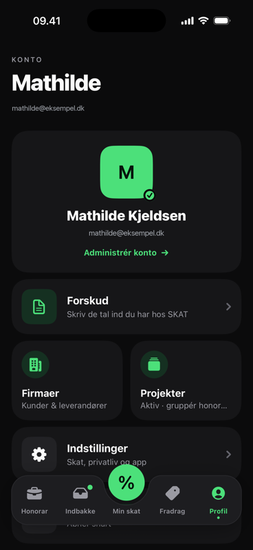 Profilen i Riff på iPhone: konto, firmaer, projekter og indstillinger.