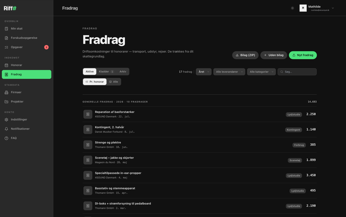 Riff i browseren: fradrag for året med kategorier og beløb.